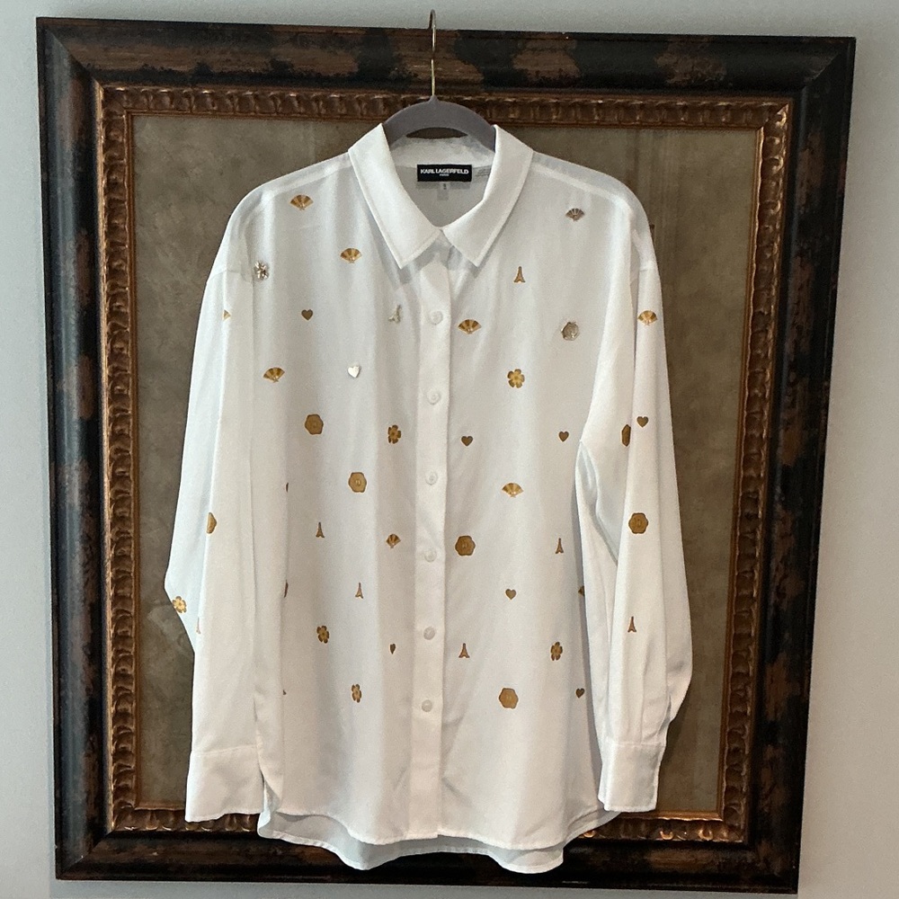 NWOT Karl Lagerfeld White Button- Down Shirt w/ Gold Metallic Images